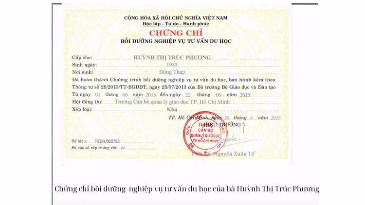 Chứng chỉ bồi dưỡng nghiệp vụ tư vấn du học của Huỳnh Thị Trúc Phương